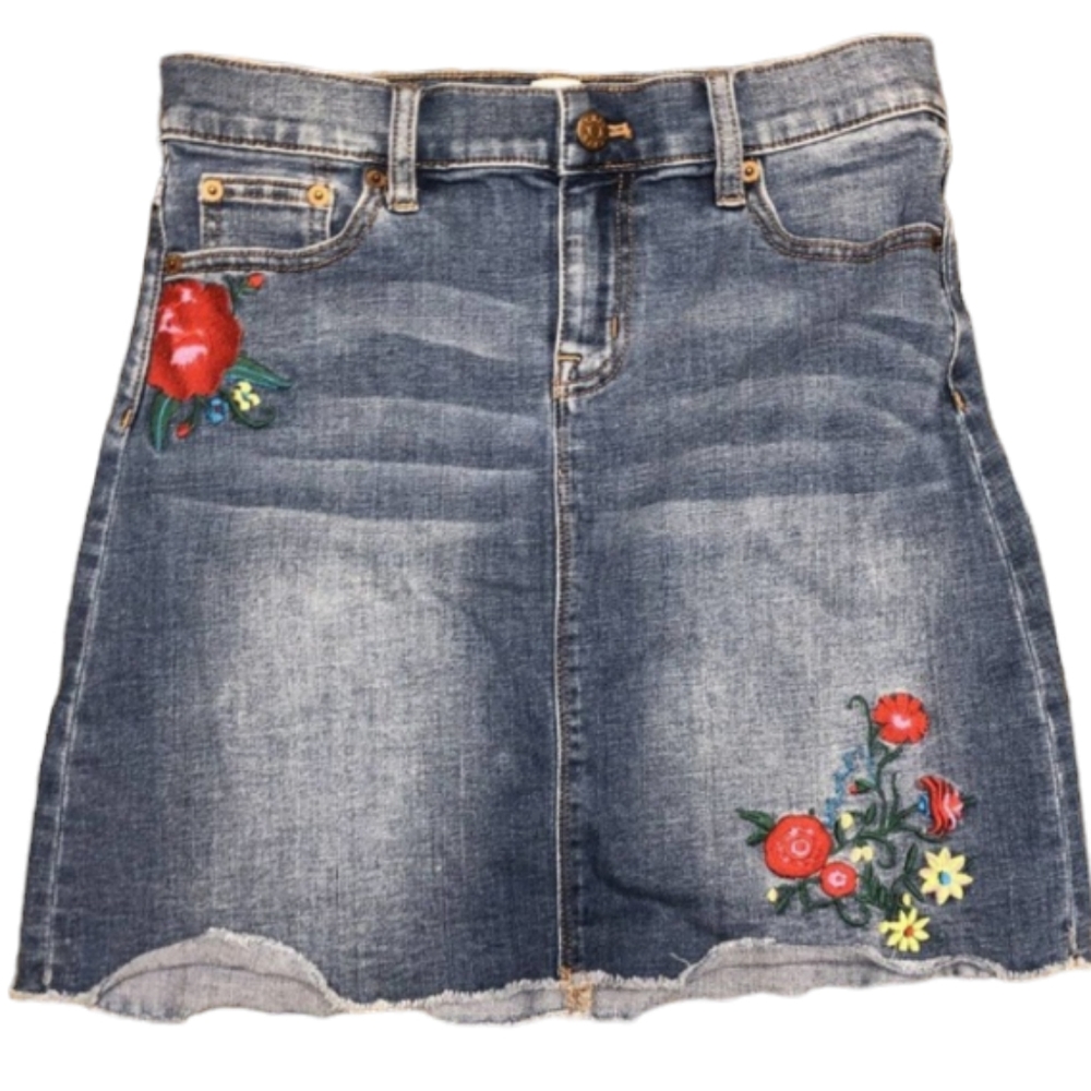 J. CREW Embroidered Denim Skirt, Size 2, Stretch Mini Jean, Raw Hem, w/ pockets! - Picture 5 of 13